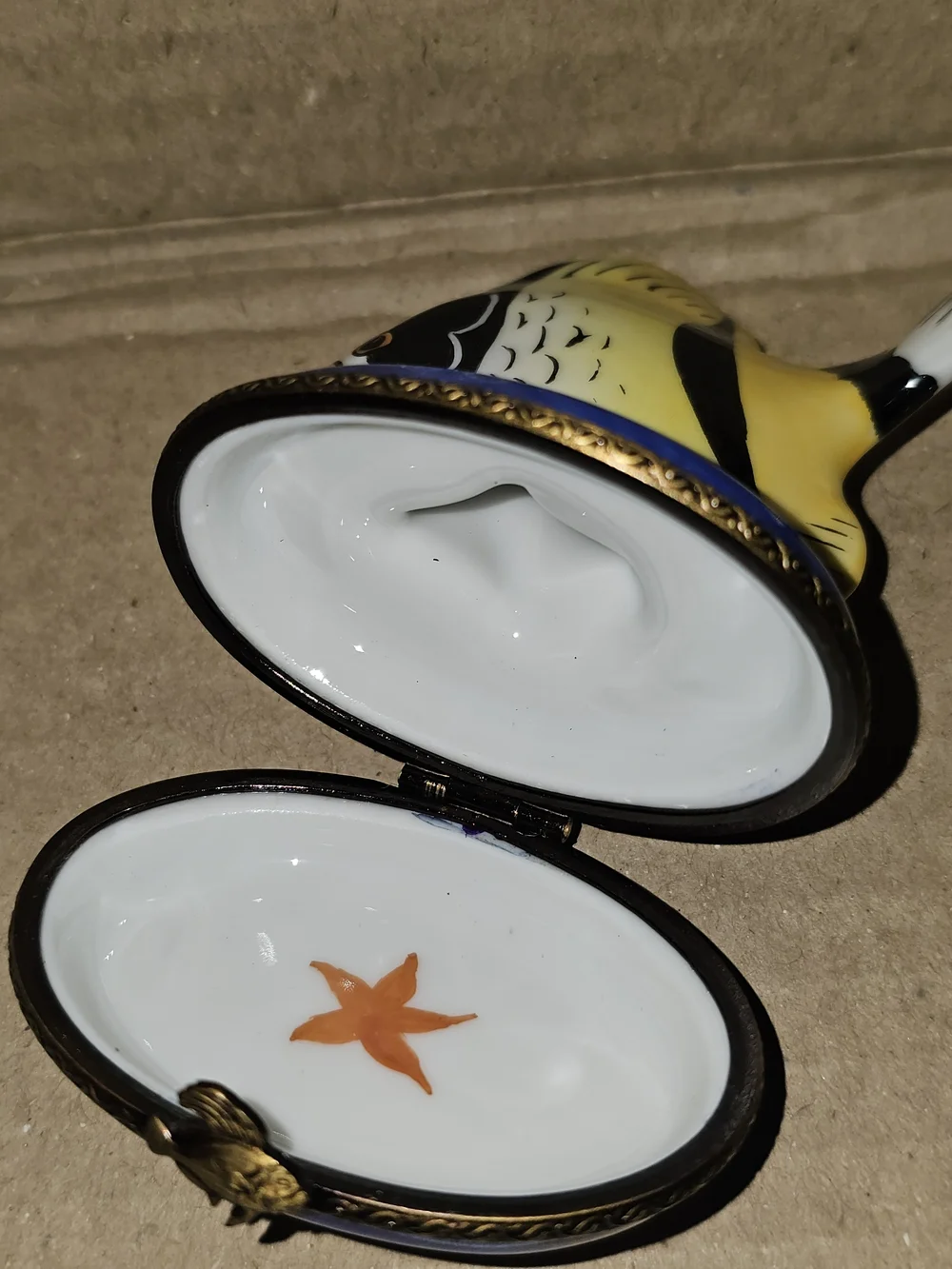 Limoges Yellow and Black Angelfish Trinket Box on Blue Base